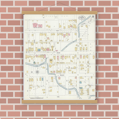 Old map wall art mockup — magnetic wood frame on brick wall — Sanborn Fire Insurance Map from Hannibal, Marion County, Missouri (1899), Sheet #0008