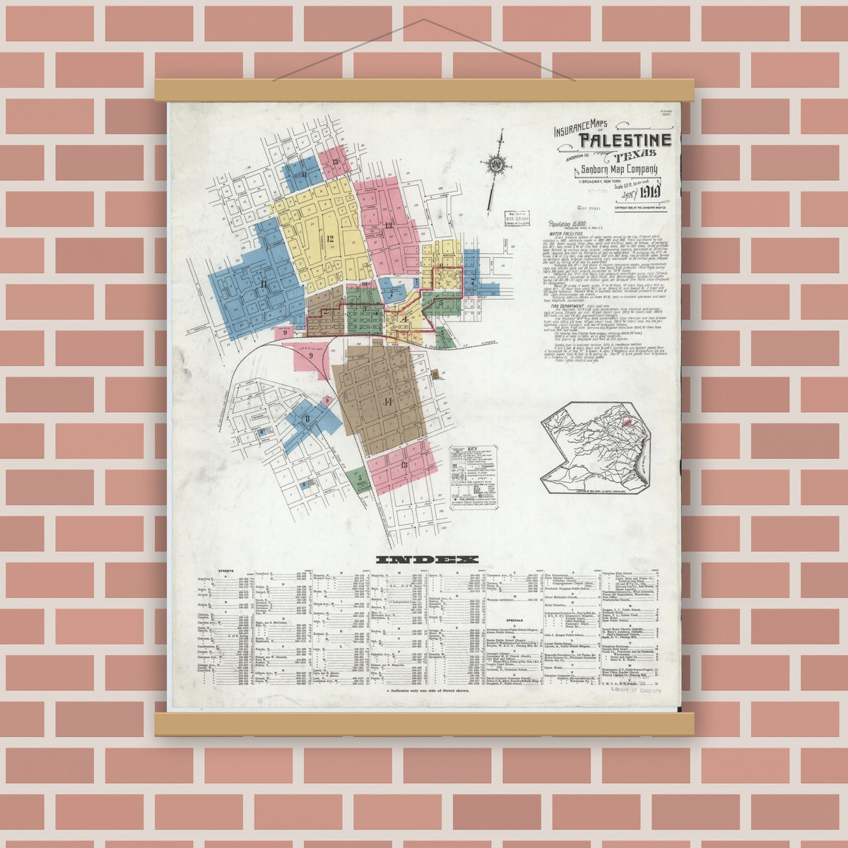 Old map wall art mockup — magnetic wood frame on brick wall — Sanborn Fire Insurance Map from Palestine, Anderson County, Texas (1919), Sheet #0001