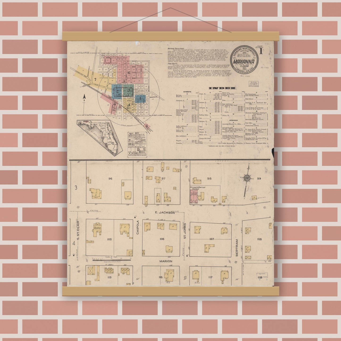 Old map wall art mockup — magnetic wood frame on brick wall — Sanborn Fire Insurance Map from Marianna, Jackson County, Florida (1922) - Complete Map Set