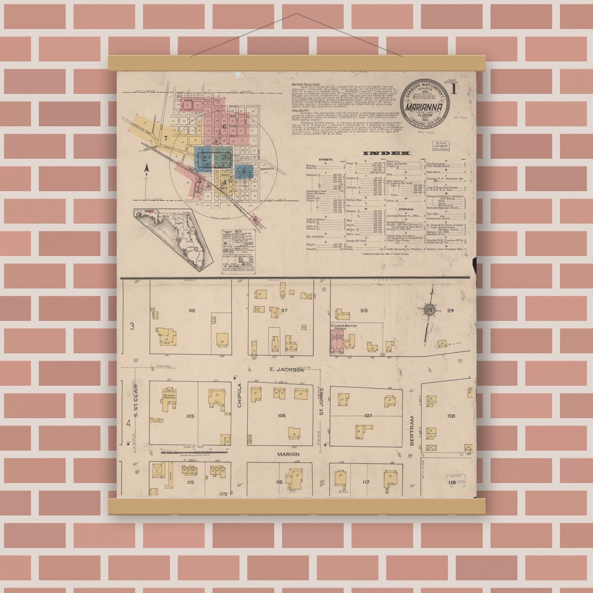 Old map wall art mockup — magnetic wood frame on brick wall — Sanborn Fire Insurance Map from Marianna, Jackson County, Florida (1922) - Complete Map Set