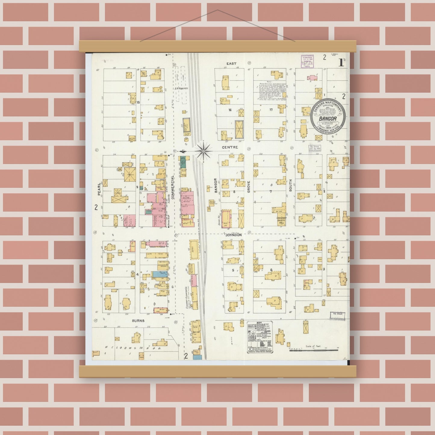 Old map wall art mockup — magnetic wood frame on brick wall — Sanborn Fire Insurance Map from Bangor, La Crosse County, Wisconsin (1904), Sheet #0001