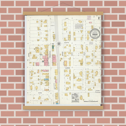 Old map wall art mockup — magnetic wood frame on brick wall — Sanborn Fire Insurance Map from Bangor, La Crosse County, Wisconsin (1904), Sheet #0001