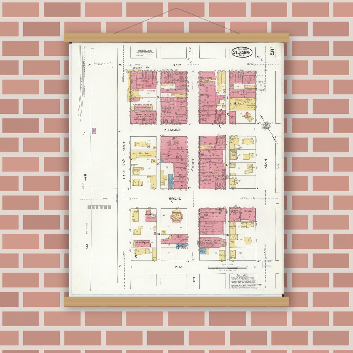 Old map wall art mockup — magnetic wood frame on brick wall — Sanborn Fire Insurance Map from Saint Joseph, Berrien County, Michigan (1921), Sheet #0005