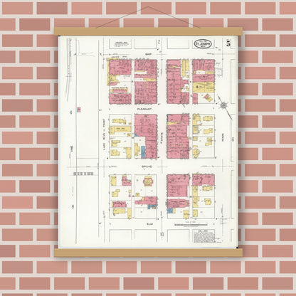 Old map wall art mockup — magnetic wood frame on brick wall — Sanborn Fire Insurance Map from Saint Joseph, Berrien County, Michigan (1921), Sheet #0005