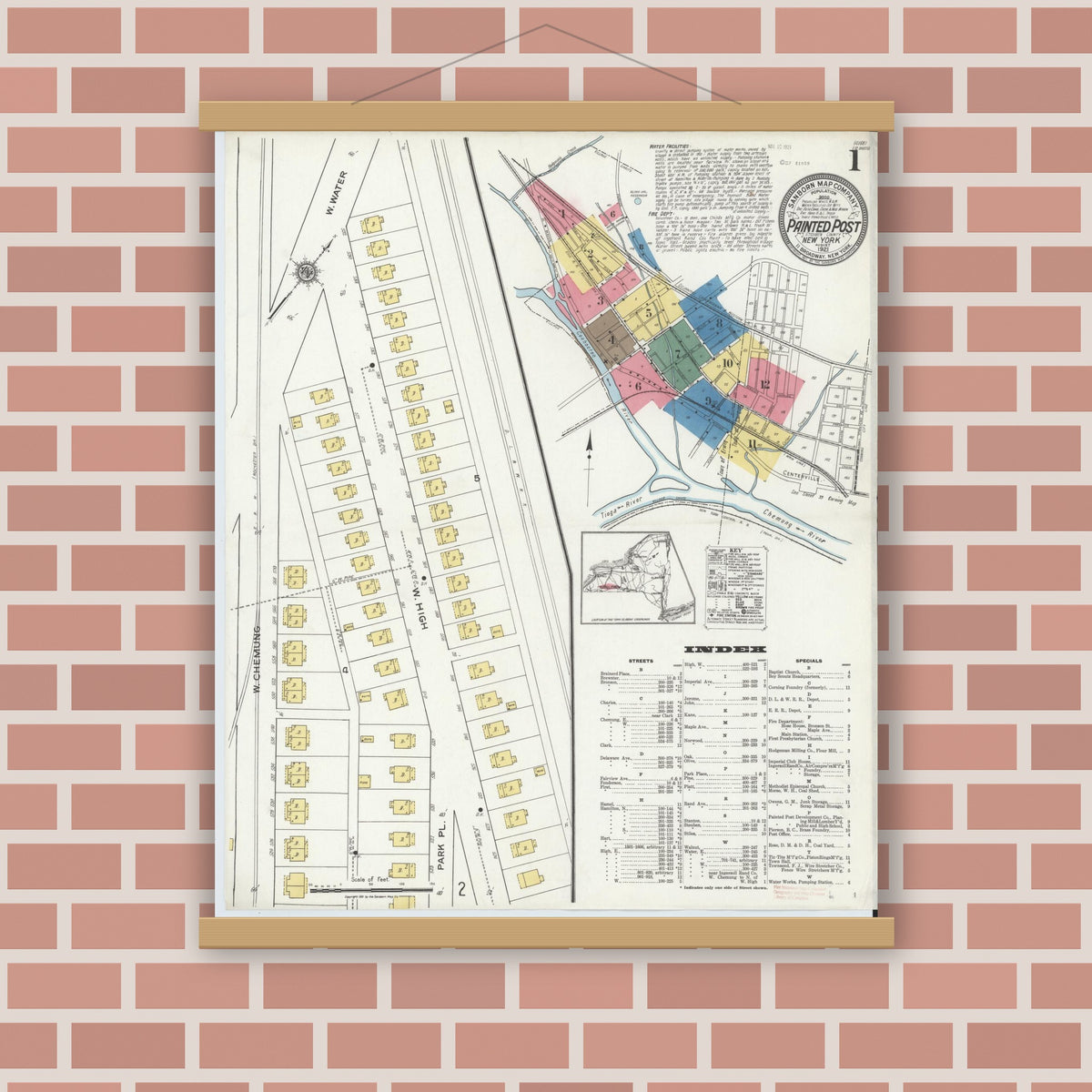 Old map wall art mockup — magnetic wood frame on brick wall — Sanborn Fire Insurance Map from Painted Post, Steuben County, New York (1921) - Complete Map Set