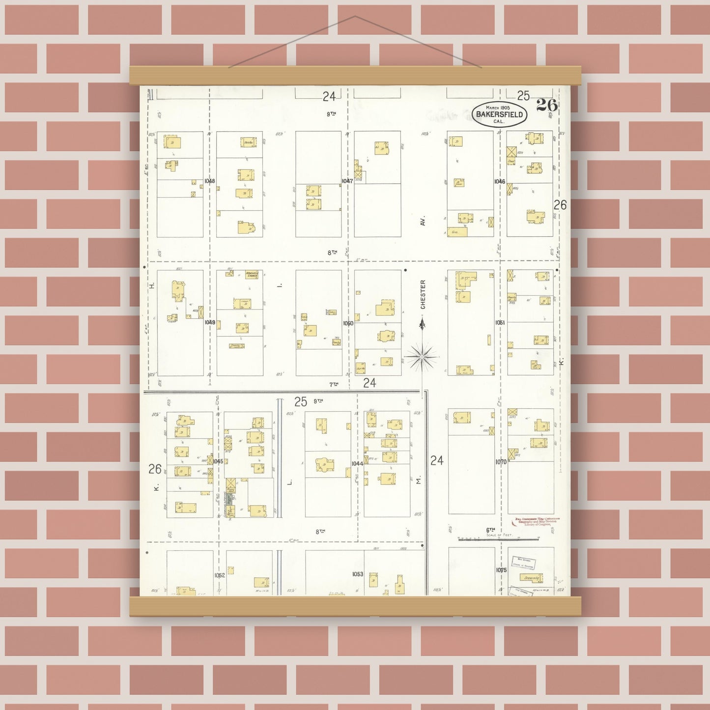Old map wall art mockup — magnetic wood frame on brick wall — Sanborn Fire Insurance Map from Bakersfield, Kern County, California (1905), Sheet #0026