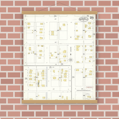 Old map wall art mockup — magnetic wood frame on brick wall — Sanborn Fire Insurance Map from Bakersfield, Kern County, California (1905), Sheet #0026