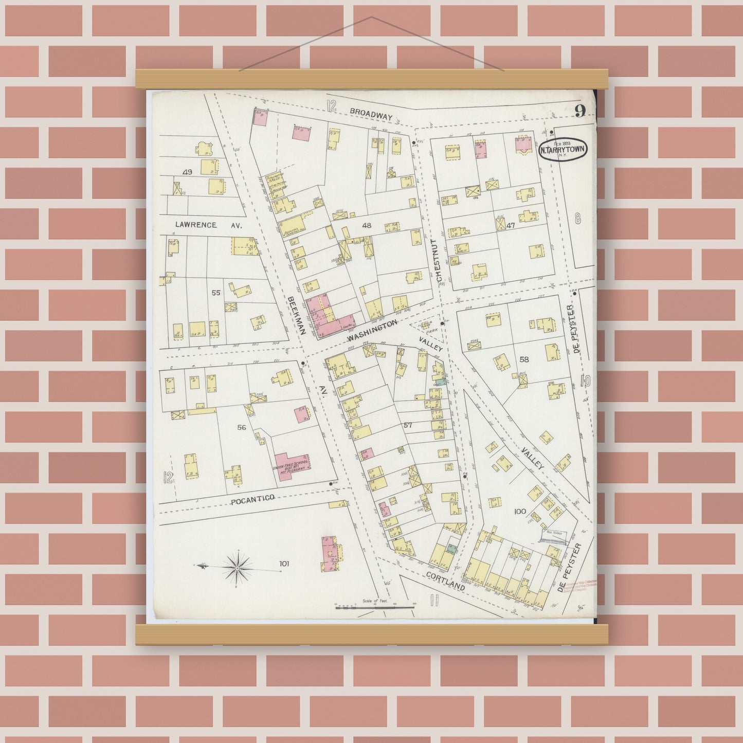 Old map wall art mockup — magnetic wood frame on brick wall — Sanborn Fire Insurance Map from Tarrytown, Westchester County, New York (1893), Sheet #0009
