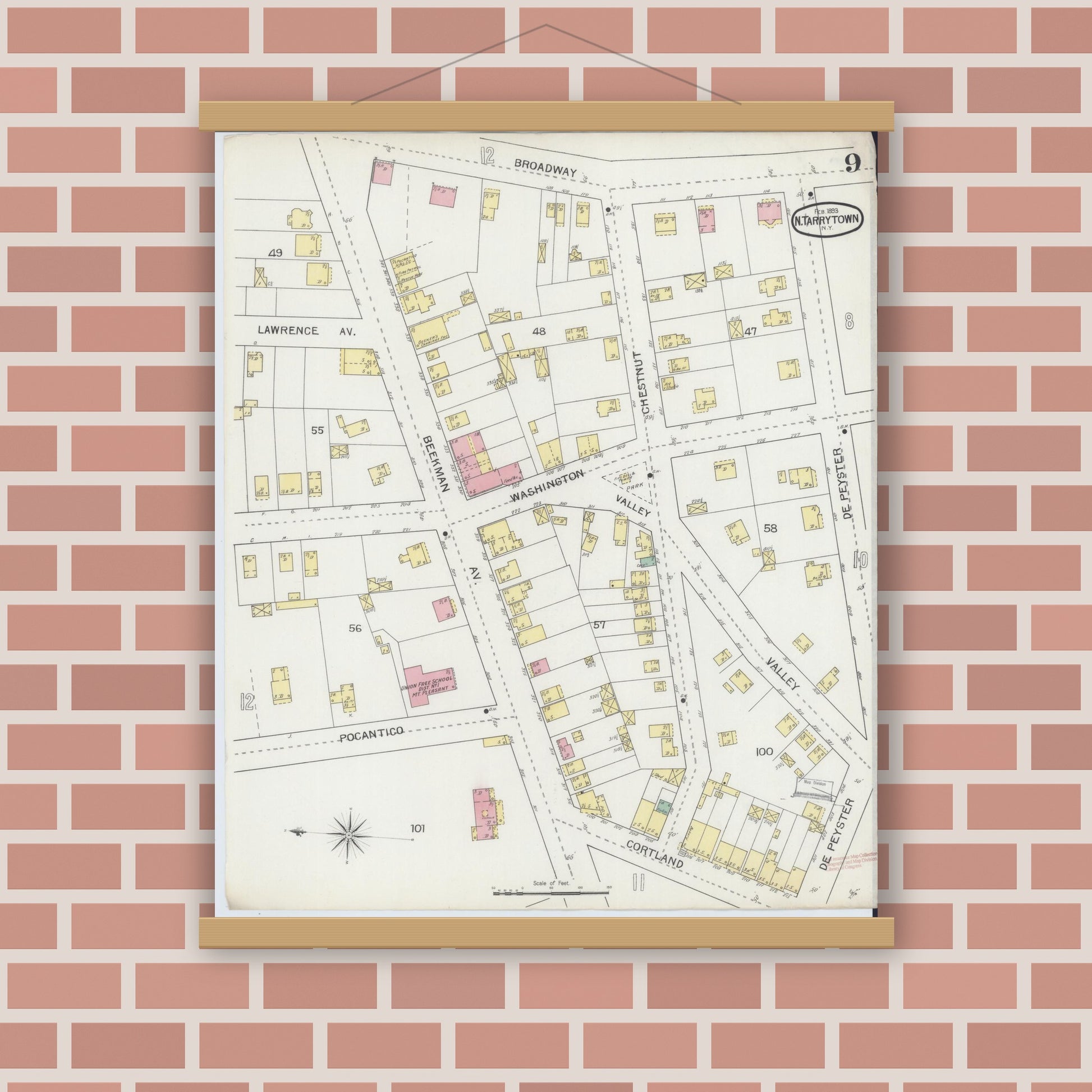 Old map wall art mockup — magnetic wood frame on brick wall — Sanborn Fire Insurance Map from Tarrytown, Westchester County, New York (1893), Sheet #0009