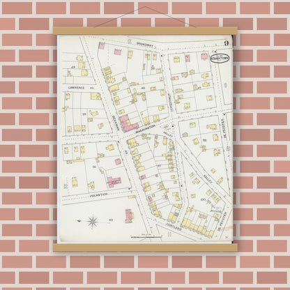 Old map wall art mockup — magnetic wood frame on brick wall — Sanborn Fire Insurance Map from Tarrytown, Westchester County, New York (1893), Sheet #0009