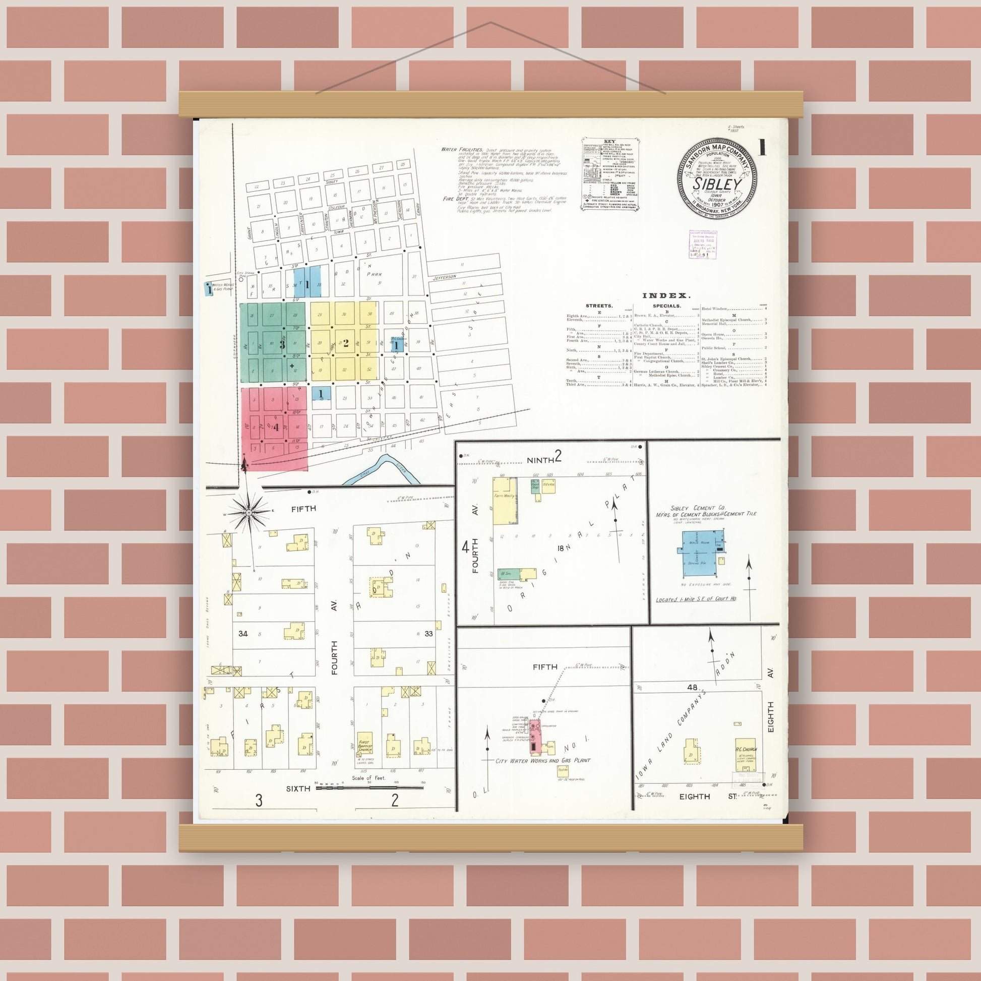 Old map wall art mockup — magnetic wood frame on brick wall — Sanborn Fire Insurance Map from Sibley, Osceola County, Iowa (1907), Sheet #0001