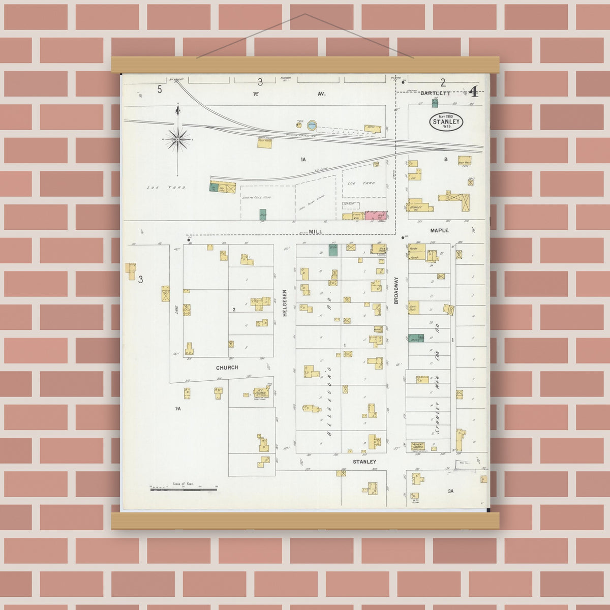 Old map wall art mockup — magnetic wood frame on brick wall — Sanborn Fire Insurance Map from Stanley, Chippewa County, Wisconsin (1900), Sheet #0004