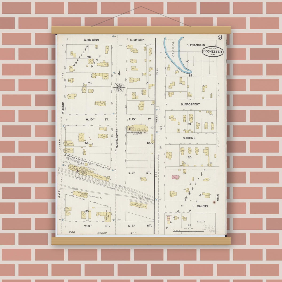Old map wall art mockup — magnetic wood frame on brick wall — Sanborn Fire Insurance Map from Rochester, Olmsted County, Minnesota (1890), Sheet #0009