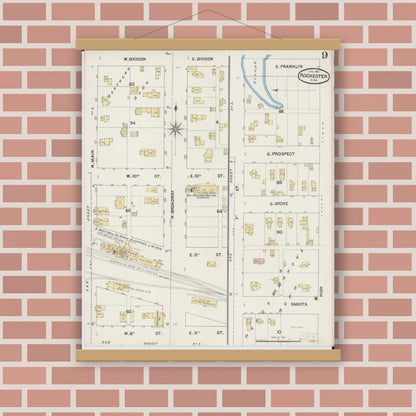 Old map wall art mockup — magnetic wood frame on brick wall — Sanborn Fire Insurance Map from Rochester, Olmsted County, Minnesota (1890), Sheet #0009