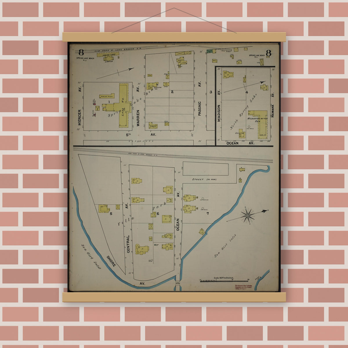 Old map wall art mockup — magnetic wood frame on brick wall — Sanborn Fire Insurance Map from New Jersey Coast, New Jersey Coast, New Jersey (1890), Sheet #0008