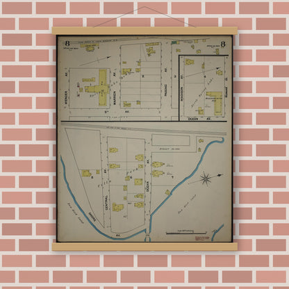 Old map wall art mockup — magnetic wood frame on brick wall — Sanborn Fire Insurance Map from New Jersey Coast, New Jersey Coast, New Jersey (1890), Sheet #0008