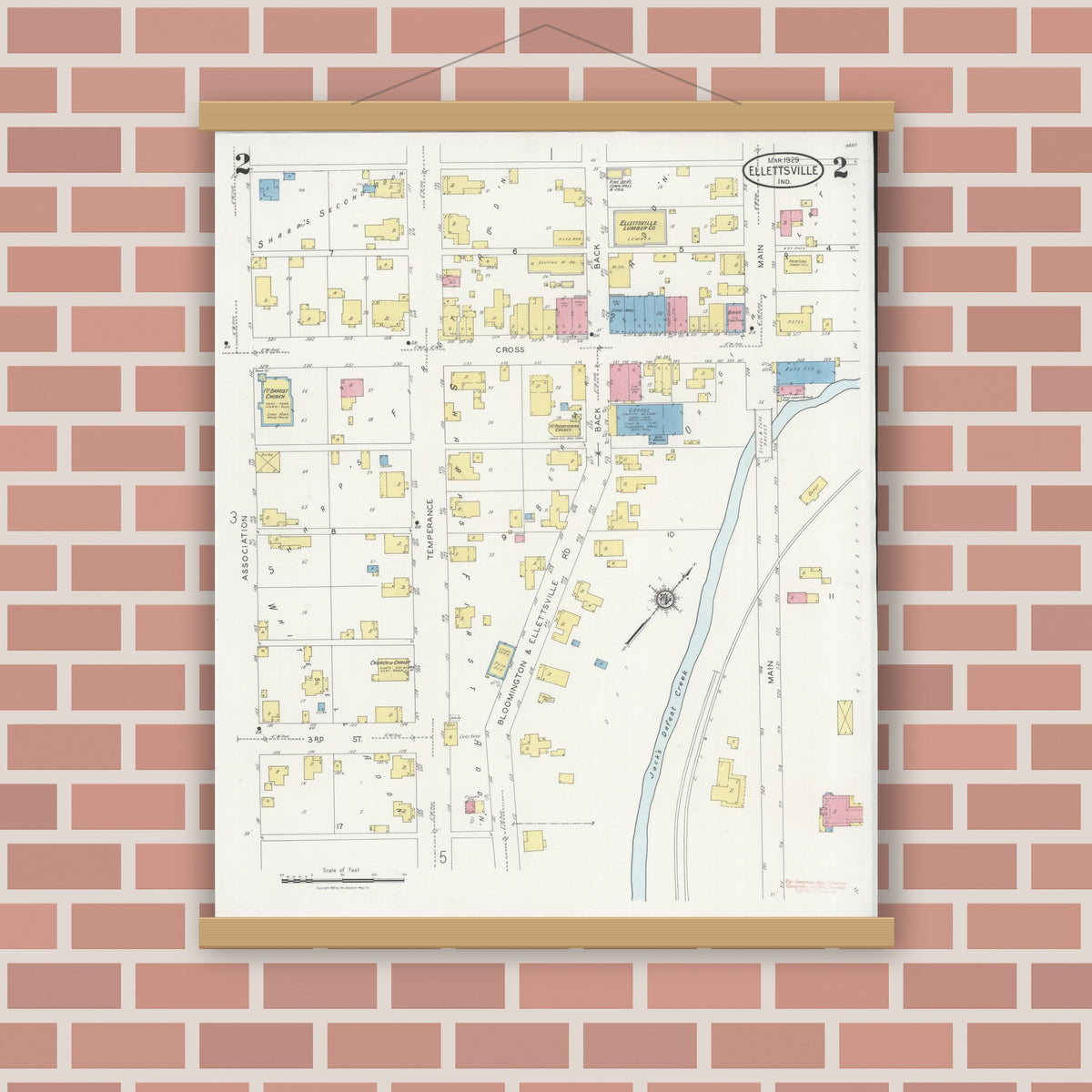 Old map wall art mockup — magnetic wood frame on brick wall — Sanborn Fire Insurance Map from Ellettsville, Monroe County, Indiana (1929), Sheet #0002