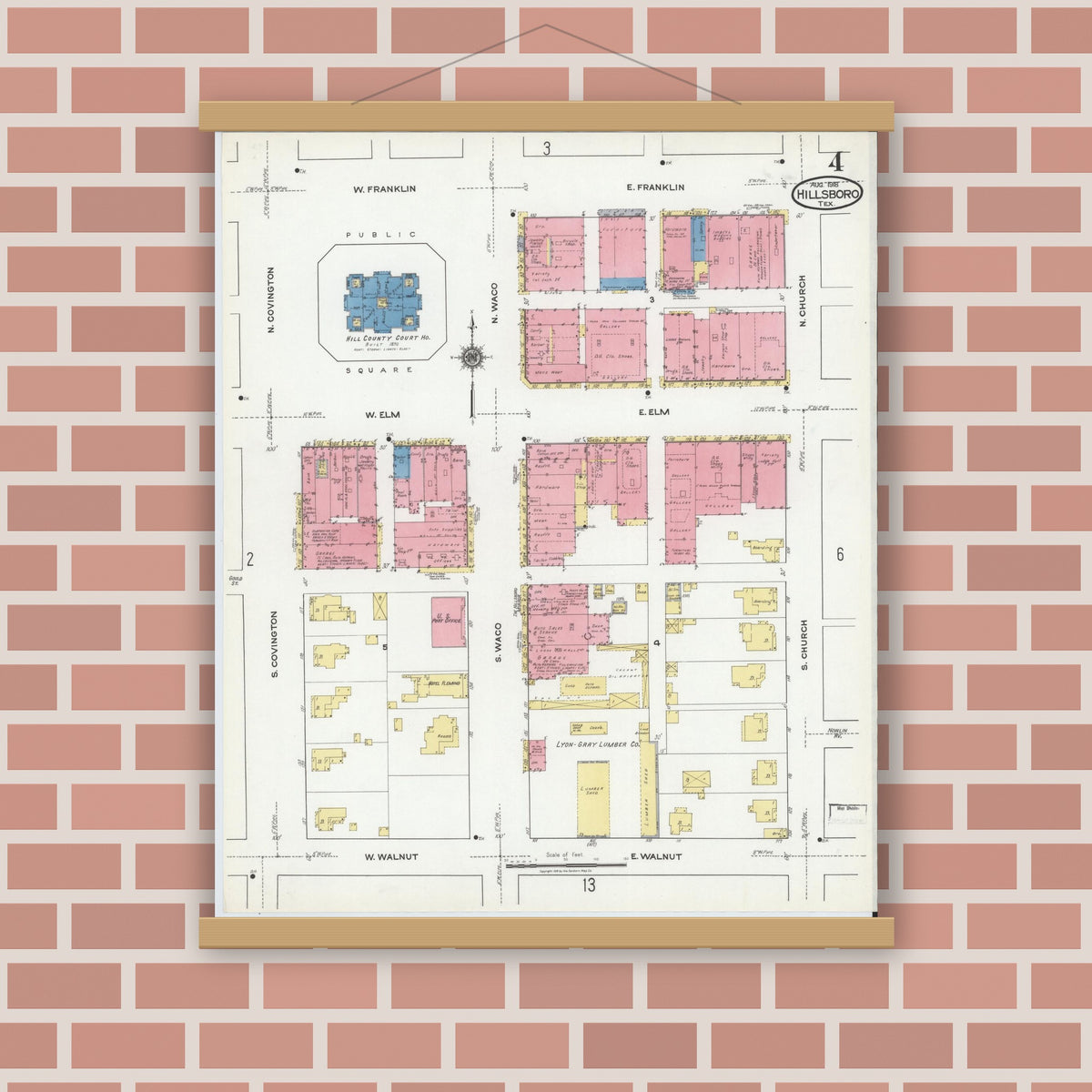 Old map wall art mockup — magnetic wood frame on brick wall — Sanborn Fire Insurance Map from Hillsboro, Hill County, Texas (1918), Sheet #0004
