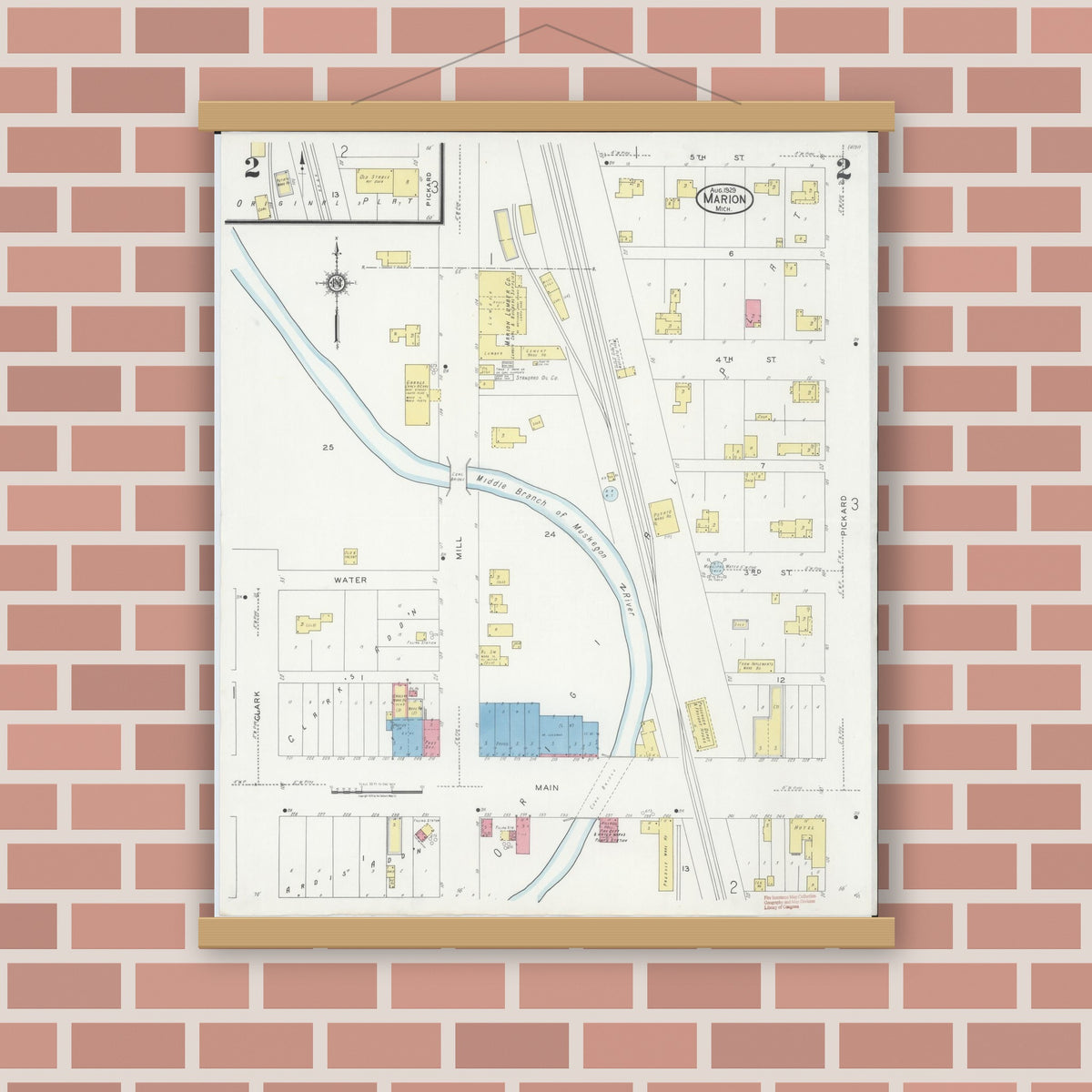 Old map wall art mockup — magnetic wood frame on brick wall — Sanborn Fire Insurance Map from Marion, Osceola County, Michigan (1929), Sheet #0002