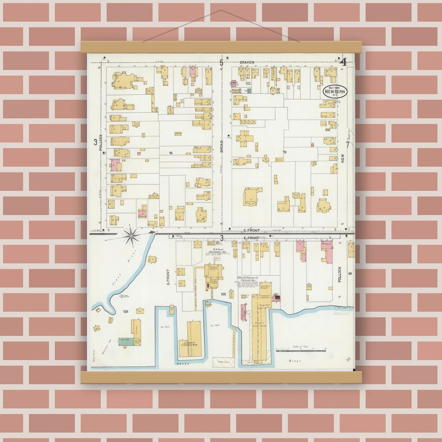 Old map wall art mockup — magnetic wood frame on brick wall — Sanborn Fire Insurance Map from New Bern, Craven County, North Carolina (1904), Sheet #0004