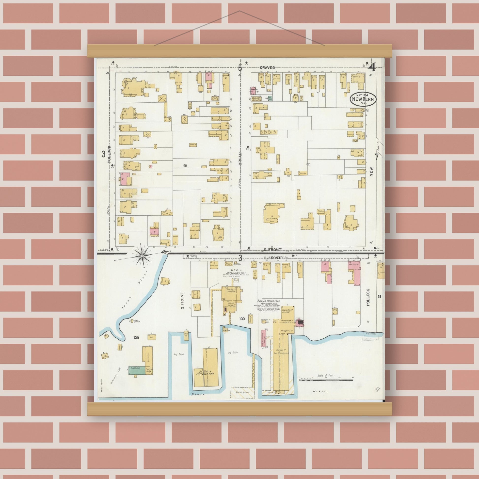 Old map wall art mockup — magnetic wood frame on brick wall — Sanborn Fire Insurance Map from New Bern, Craven County, North Carolina (1904), Sheet #0004