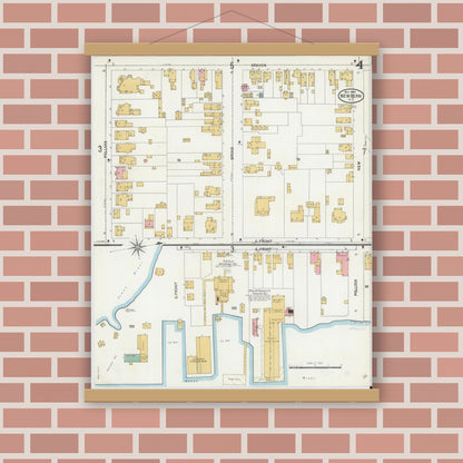 Old map wall art mockup — magnetic wood frame on brick wall — Sanborn Fire Insurance Map from New Bern, Craven County, North Carolina (1904), Sheet #0004