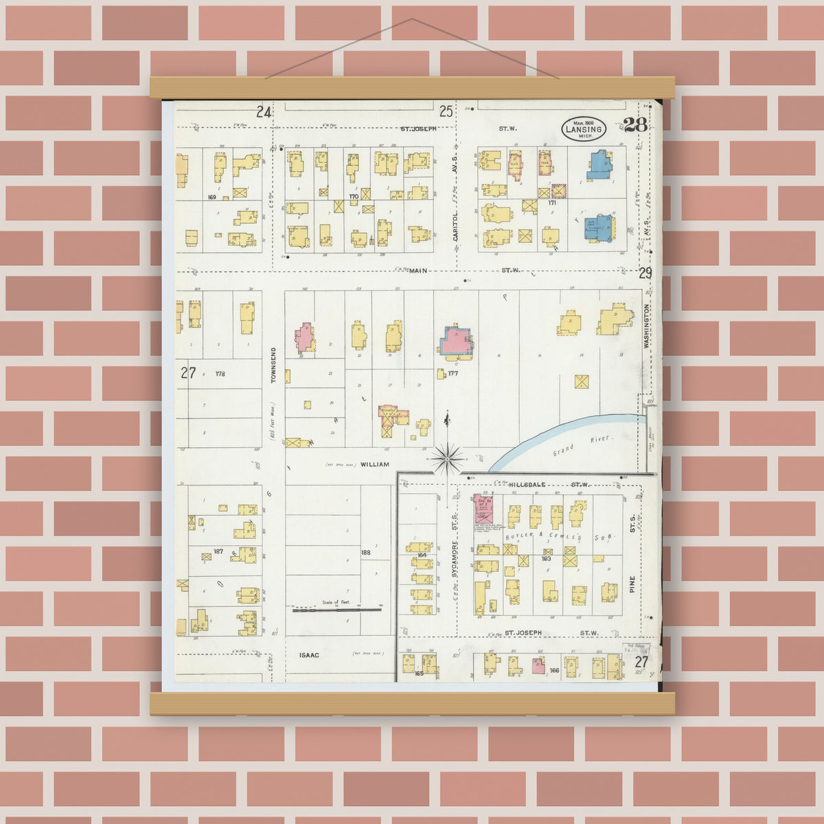 Old map wall art mockup — magnetic wood frame on brick wall — Sanborn Fire Insurance Map from Lansing, Ingham County, Michigan (1906), Sheet #0028