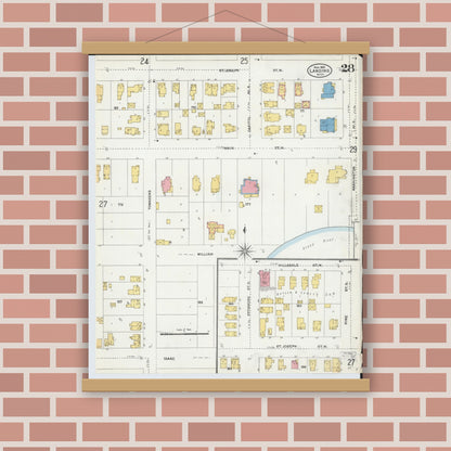 Old map wall art mockup — magnetic wood frame on brick wall — Sanborn Fire Insurance Map from Lansing, Ingham County, Michigan (1906), Sheet #0028