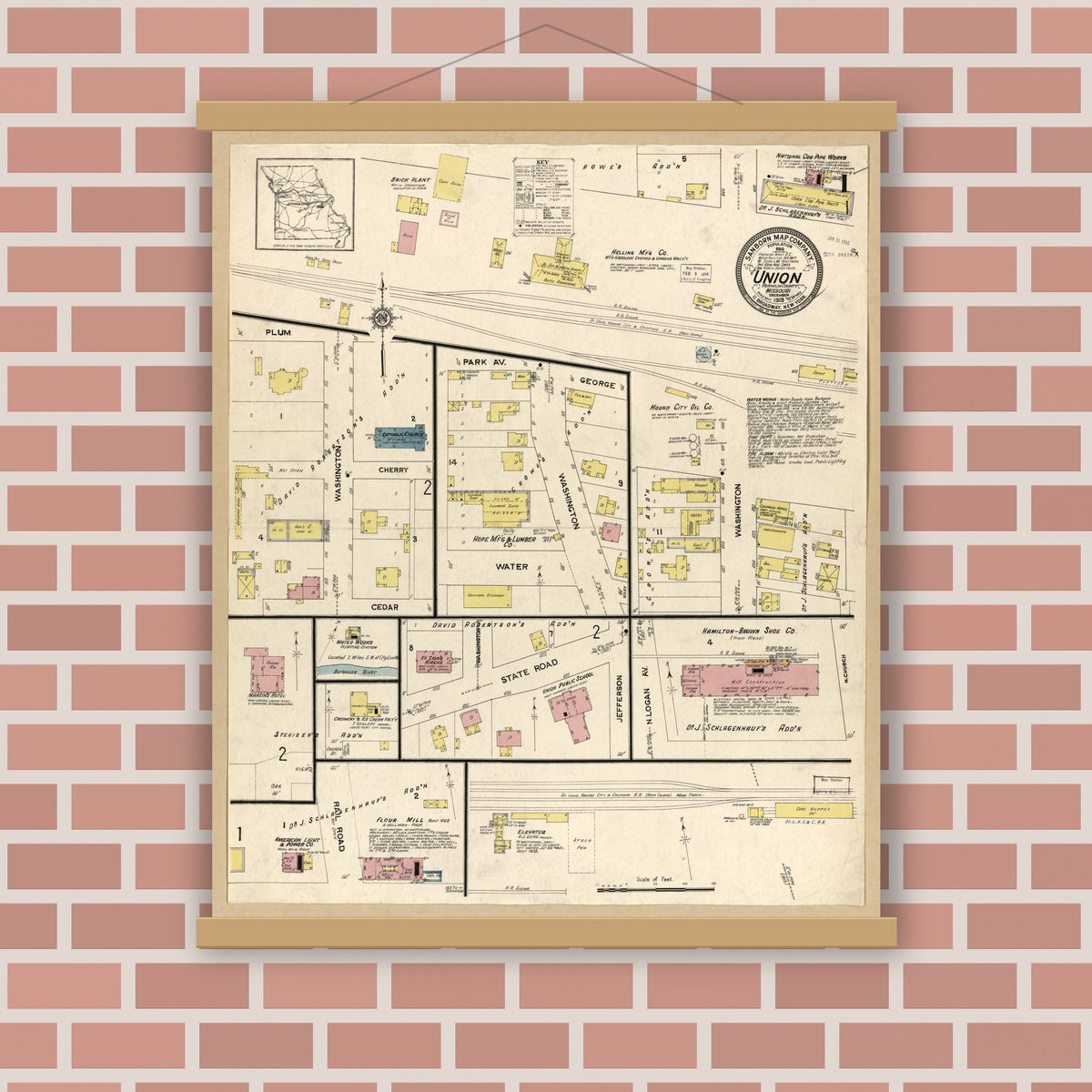 Old map wall art mockup — magnetic wood frame on brick wall — Sanborn Fire Insurance Map from Union, Franklin County, Missouri (1913), Sheet #0001