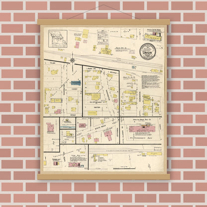 Old map wall art mockup — magnetic wood frame on brick wall — Sanborn Fire Insurance Map from Union, Franklin County, Missouri (1913), Sheet #0001