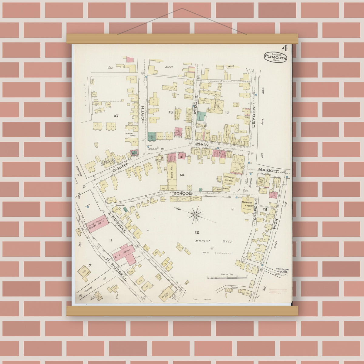 Old map wall art mockup — magnetic wood frame on brick wall — Sanborn Fire Insurance Map from Plymouth, Plymouth County, Massachusetts (1885), Sheet #0004