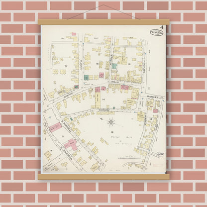 Old map wall art mockup — magnetic wood frame on brick wall — Sanborn Fire Insurance Map from Plymouth, Plymouth County, Massachusetts (1885), Sheet #0004