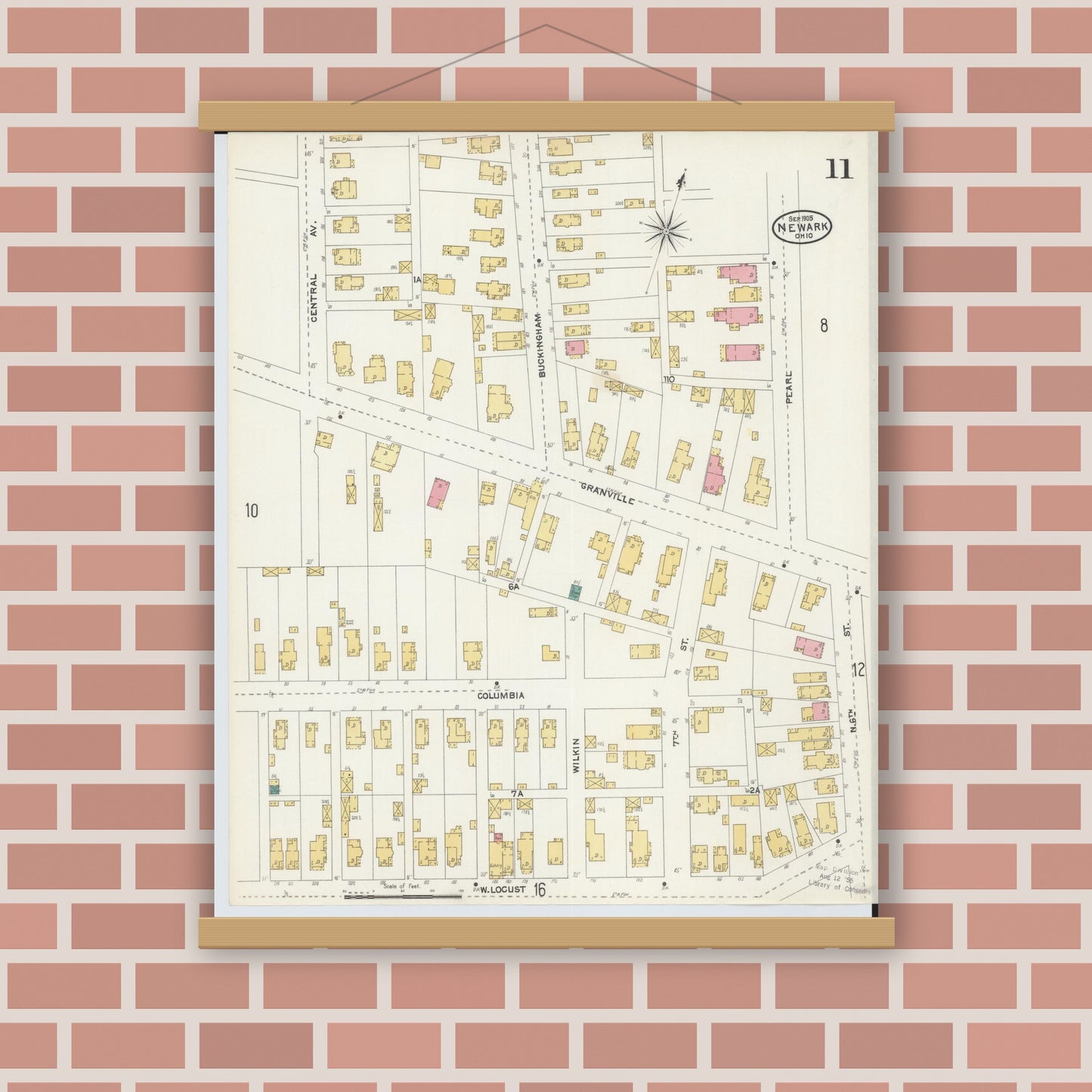 Old map wall art mockup — magnetic wood frame on brick wall — Sanborn Fire Insurance Map from Newark, Licking County, Ohio (1905), Sheet #0011