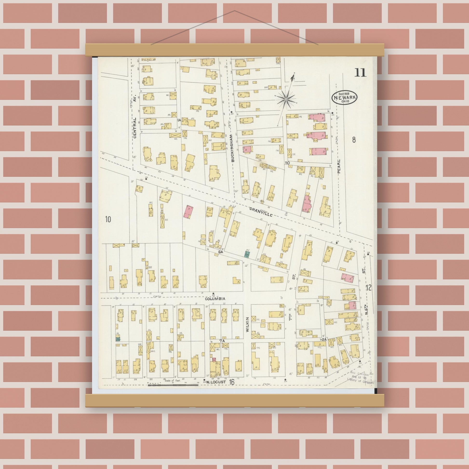 Old map wall art mockup — magnetic wood frame on brick wall — Sanborn Fire Insurance Map from Newark, Licking County, Ohio (1905), Sheet #0011
