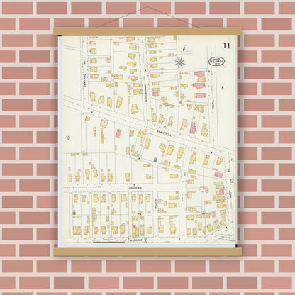 Old map wall art mockup — magnetic wood frame on brick wall — Sanborn Fire Insurance Map from Newark, Licking County, Ohio (1905), Sheet #0011