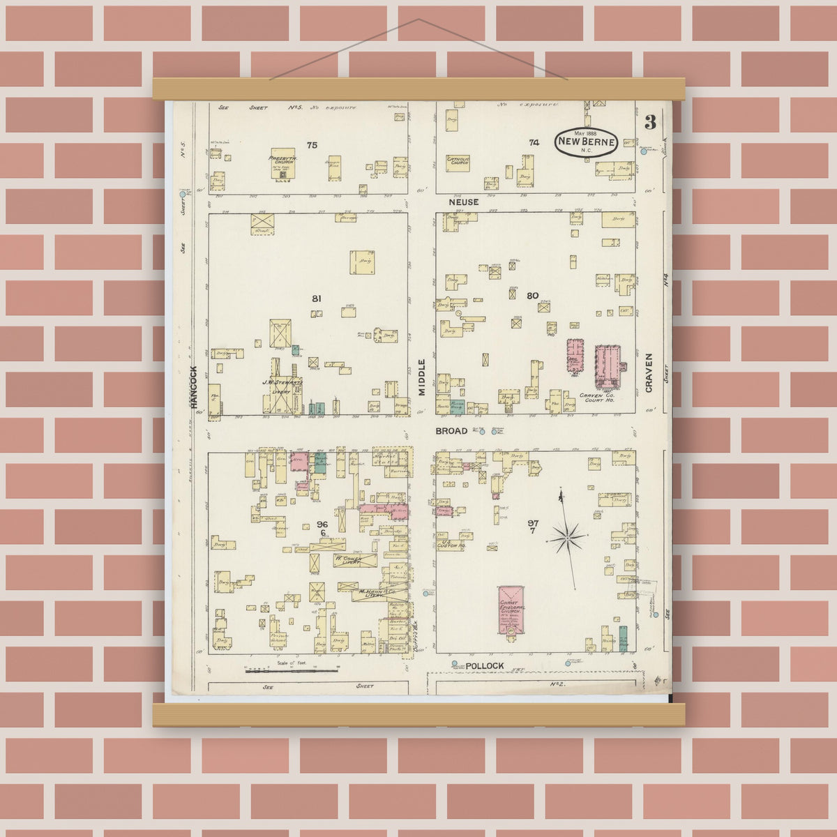 Old map wall art mockup — magnetic wood frame on brick wall — Sanborn Fire Insurance Map from New Bern, Craven County, North Carolina (1888), Sheet #0003