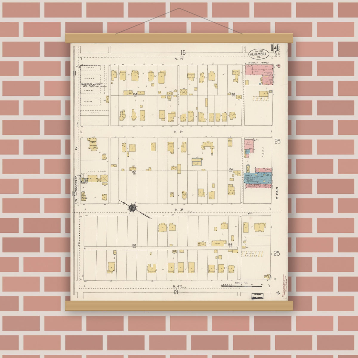 Old map wall art mockup — magnetic wood frame on brick wall — Sanborn Fire Insurance Map from Alhambra, Los Angeles County, California (1912), Sheet #0014