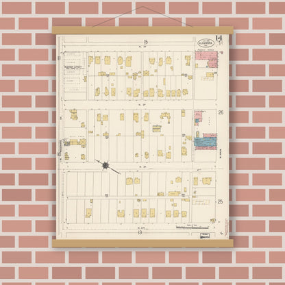 Old map wall art mockup — magnetic wood frame on brick wall — Sanborn Fire Insurance Map from Alhambra, Los Angeles County, California (1912), Sheet #0014
