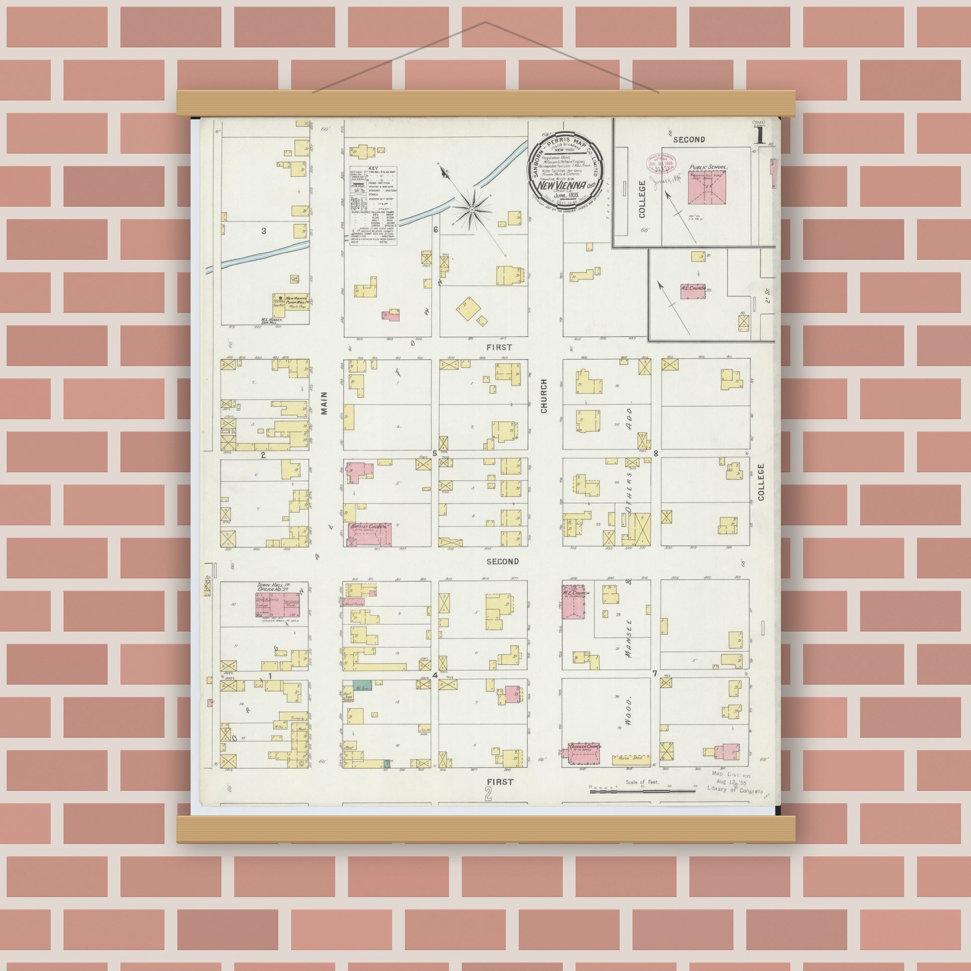 Old map wall art mockup — magnetic wood frame on brick wall — Sanborn Fire Insurance Map from New Vienna, Clinton County, Ohio (1895), Sheet #0001