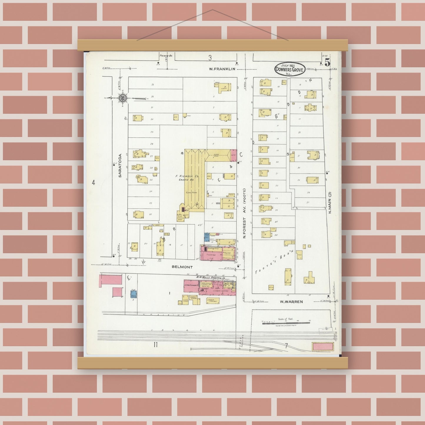 Old map wall art mockup — magnetic wood frame on brick wall — Sanborn Fire Insurance Map from Downers Grove, Dupage County, Illinois (1921), Sheet #0005