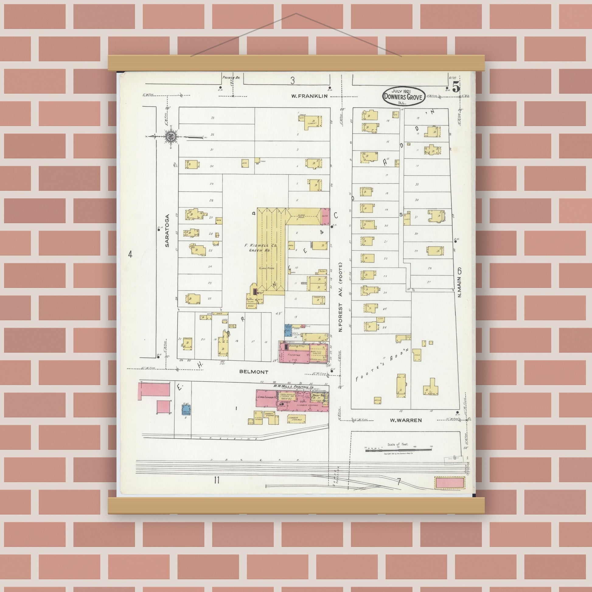 Old map wall art mockup — magnetic wood frame on brick wall — Sanborn Fire Insurance Map from Downers Grove, Dupage County, Illinois (1921), Sheet #0005