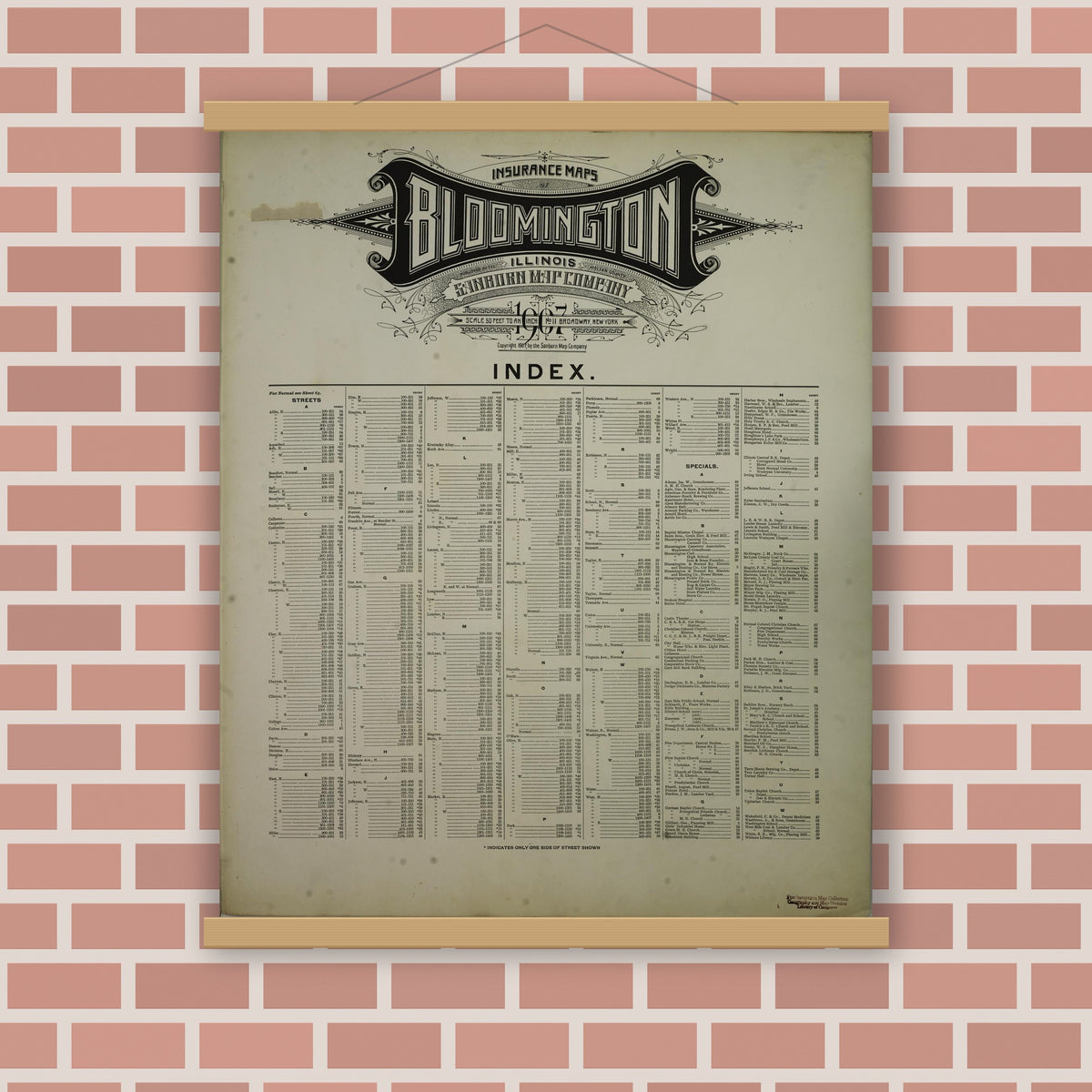 Old map wall art mockup — magnetic wood frame on brick wall — Sanborn Fire Insurance Map from Bloomington, McLean County, Illinois (1907), Sheet #0001