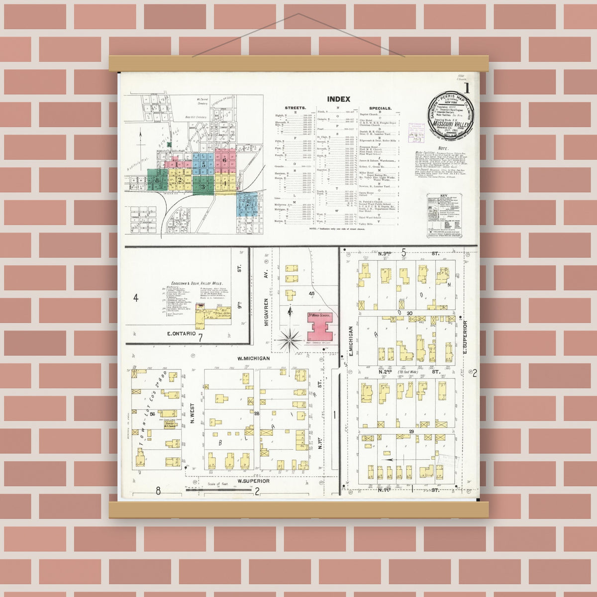 Old map wall art mockup — magnetic wood frame on brick wall — Sanborn Fire Insurance Map from Missouri Valley, Harrison County, Iowa (1901), Sheet #0001