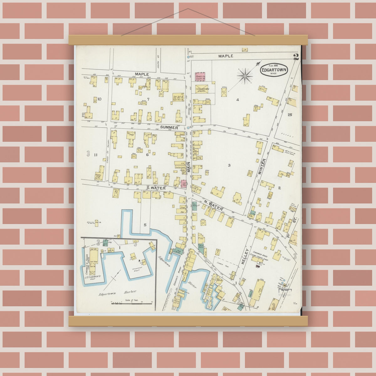 Old map wall art mockup — magnetic wood frame on brick wall — Sanborn Fire Insurance Map from Edgartown, Dukes County, Massachusetts (1892), Sheet #0002