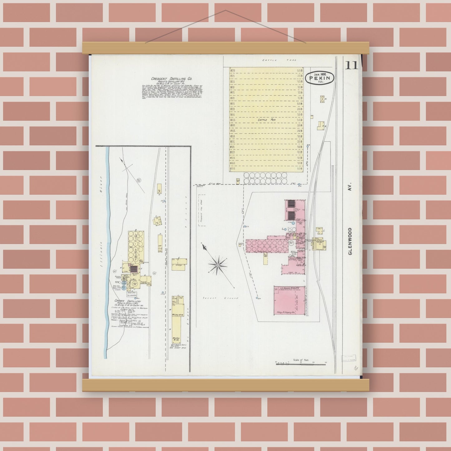 Old map wall art mockup — magnetic wood frame on brick wall — Sanborn Fire Insurance Map from Pekin, Tazewell County, Illinois (1892), Sheet #0011