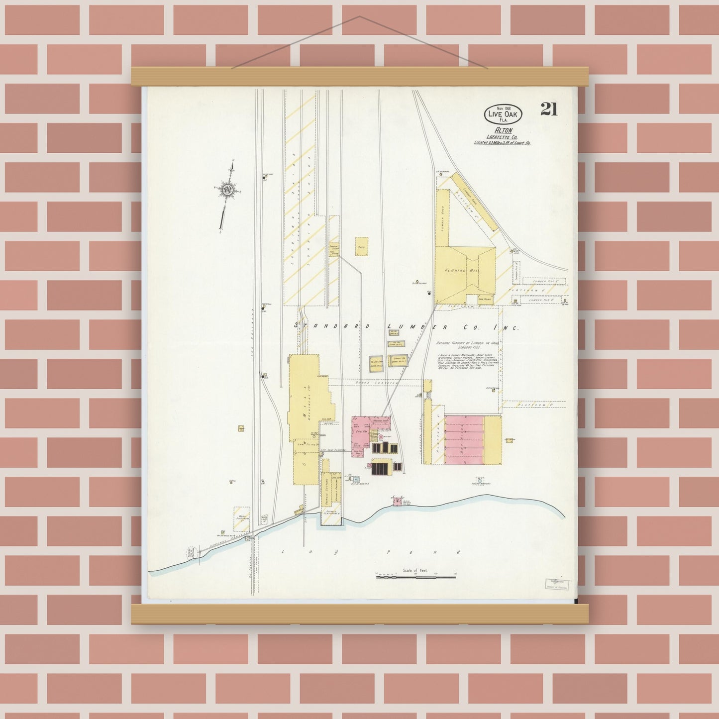 Old map wall art mockup — magnetic wood frame on brick wall — Sanborn Fire Insurance Map from Live Oak, Suwanee County, Florida (1912), Sheet #0021