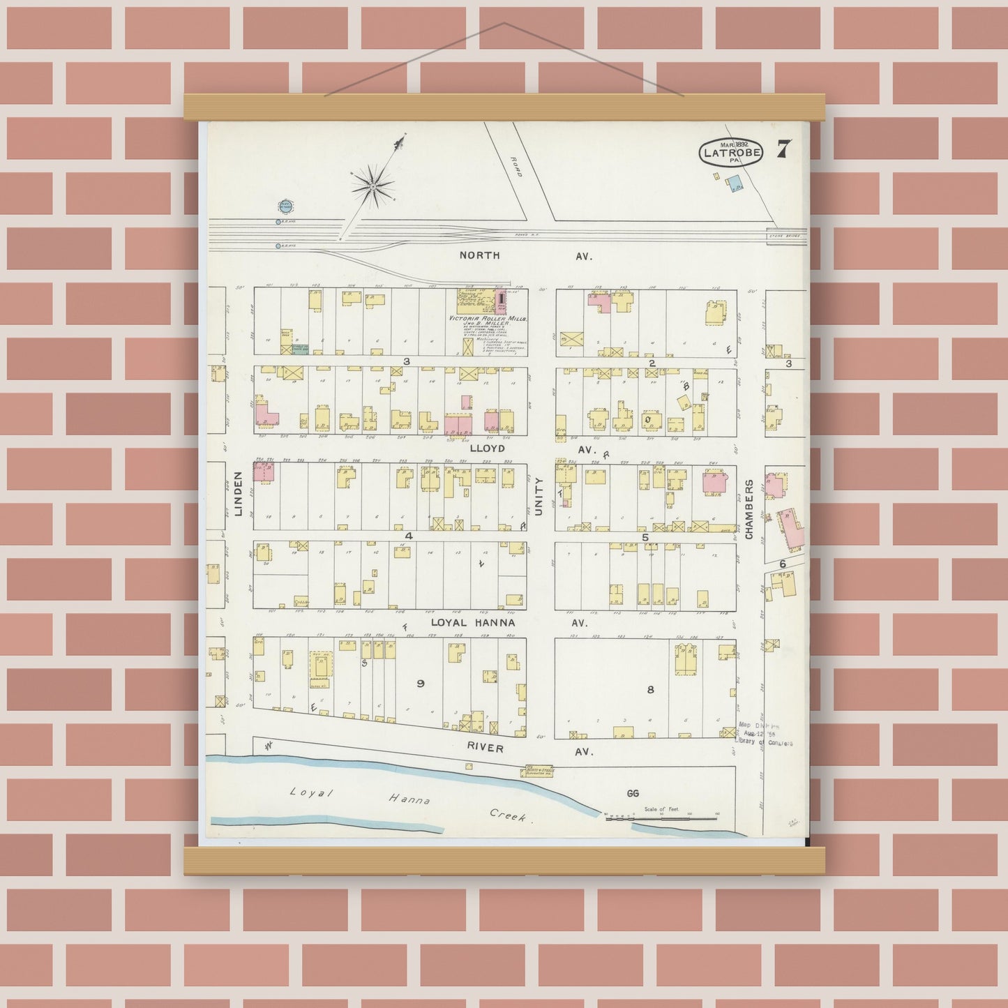 Old map wall art mockup — magnetic wood frame on brick wall — Sanborn Fire Insurance Map from Latrobe, Westmoreland County, Pennsylvania (1892), Sheet #0007