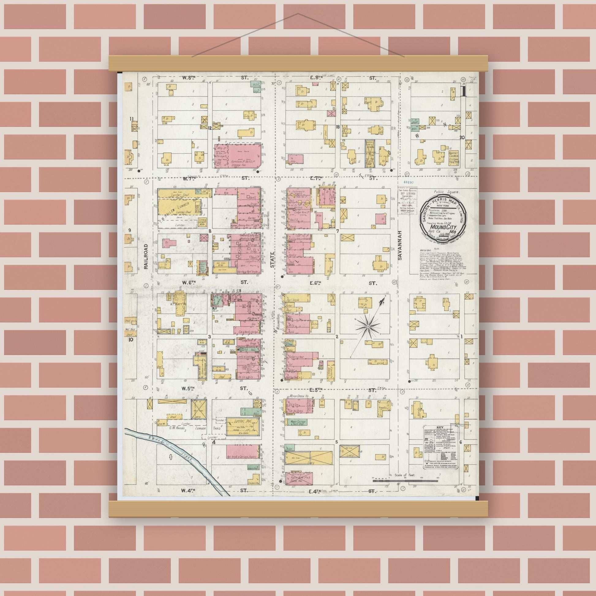 Old map wall art mockup — magnetic wood frame on brick wall — Sanborn Fire Insurance Map from Mound City, Holt County, Missouri (1900), Sheet #0001