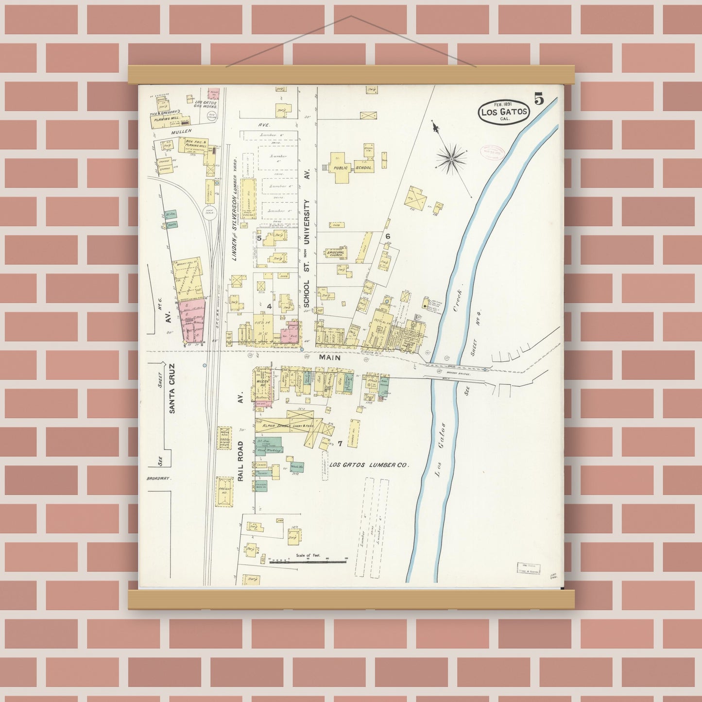Old map wall art mockup — magnetic wood frame on brick wall — Sanborn Fire Insurance Map from Los Gatos, Santa Clara County, California (1891), Sheet #0005