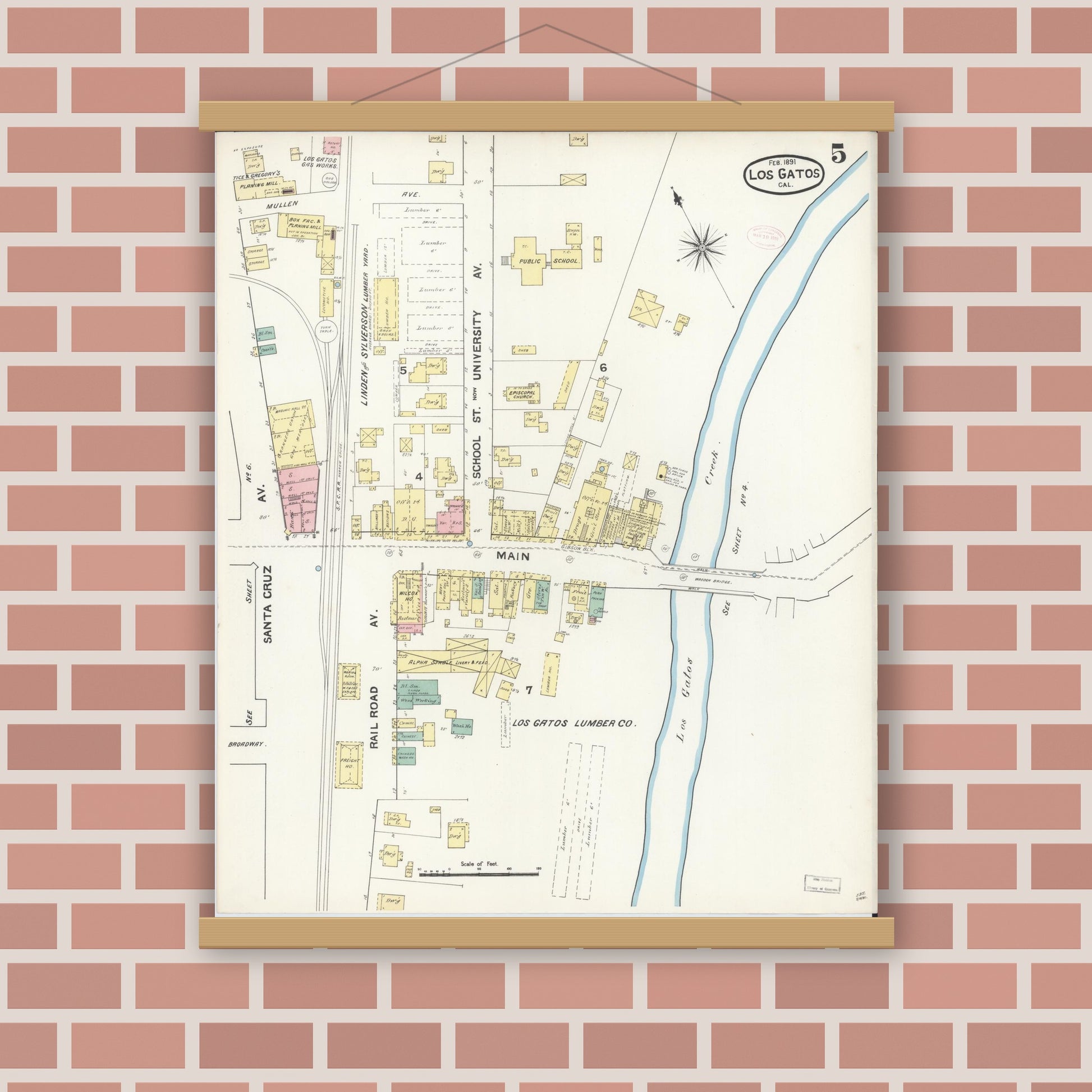 Old map wall art mockup — magnetic wood frame on brick wall — Sanborn Fire Insurance Map from Los Gatos, Santa Clara County, California (1891), Sheet #0005
